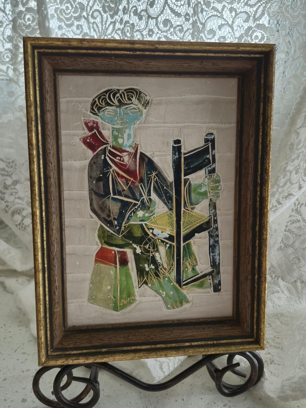 Vintage Mid-Century Modern 3D Relief Wall Art Plaque – Boy Weaving Chair